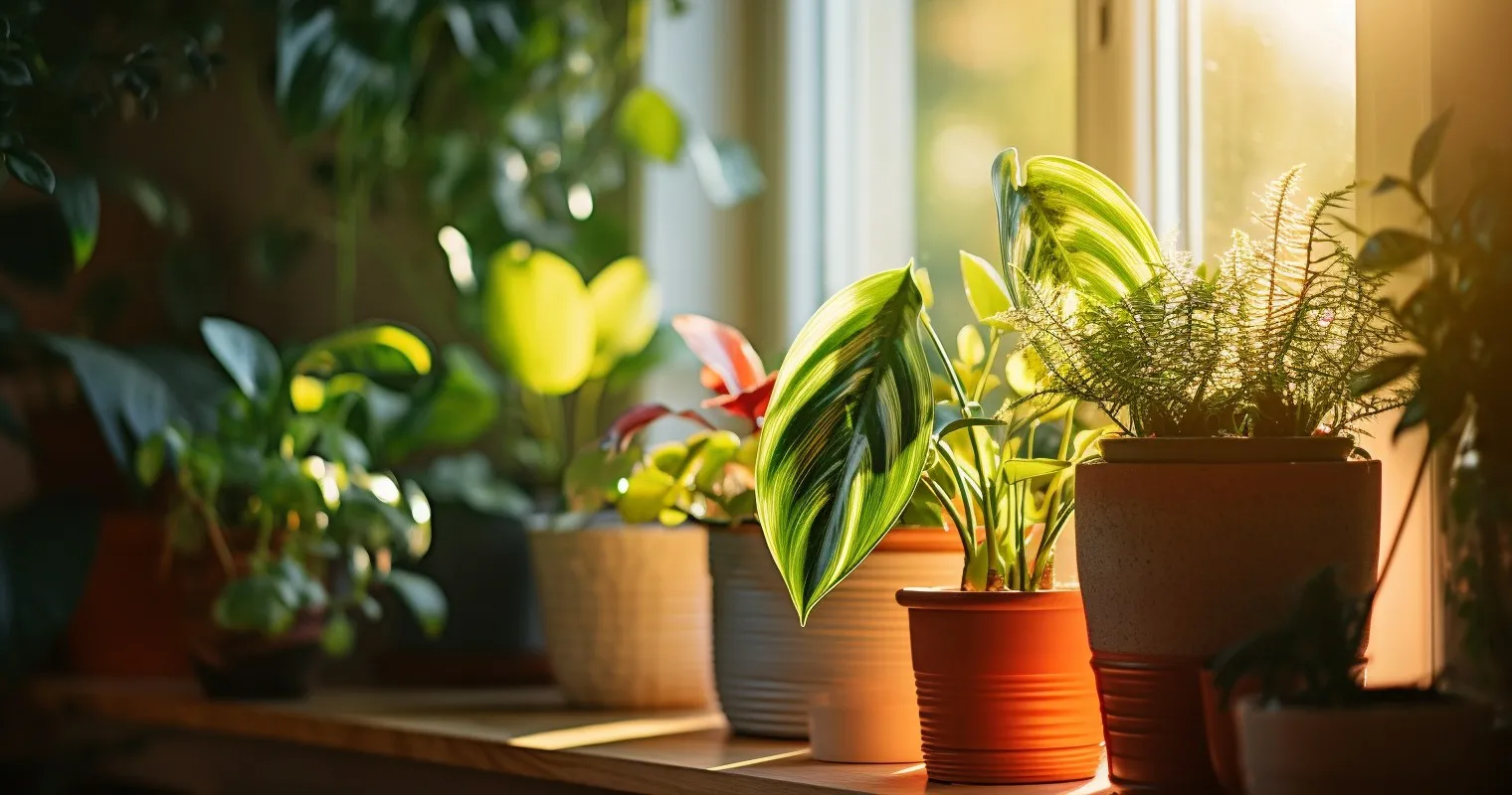 Houseplants basking in a soft, warm evening glow