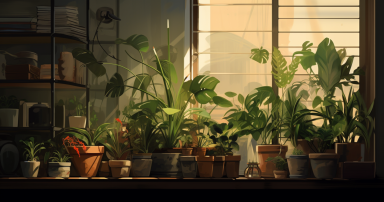 Houseplants in Dimly Lit Room