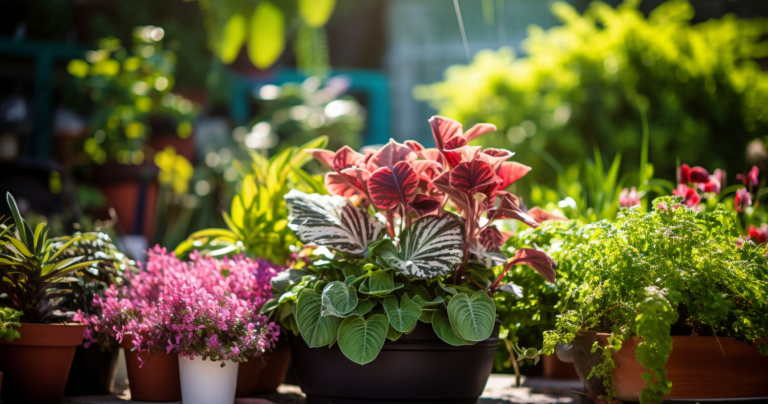 Houseplants thriving outdoors under the summer sun