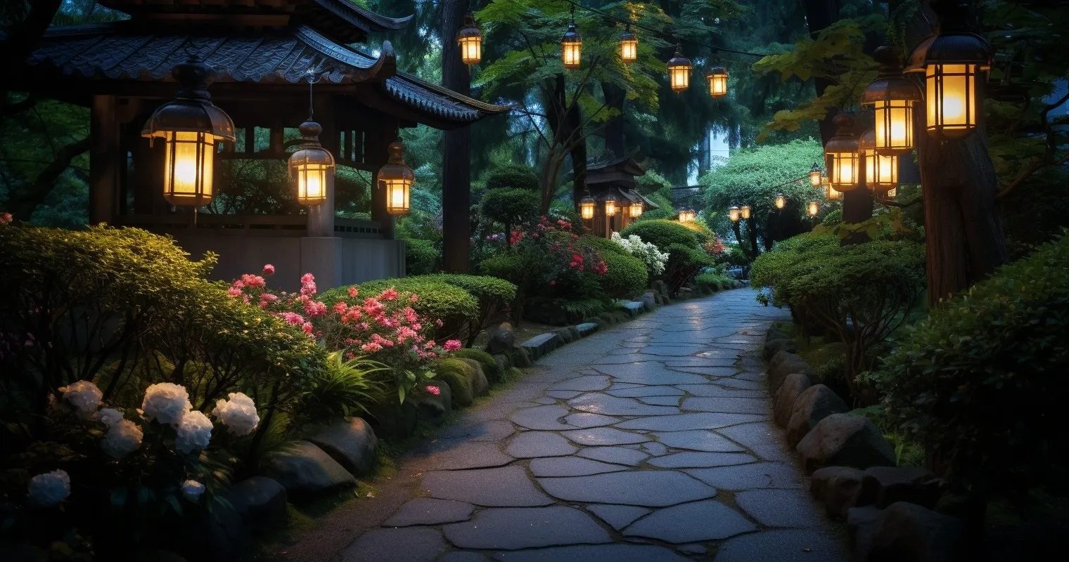 Illuminated Garden Pathway At Dusk, Enveloped In Soft Glow