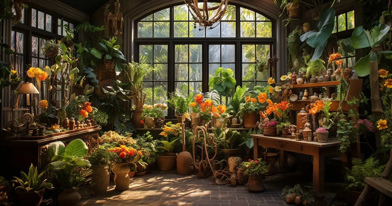 Indoor garden with a variety of thriving houseplants
