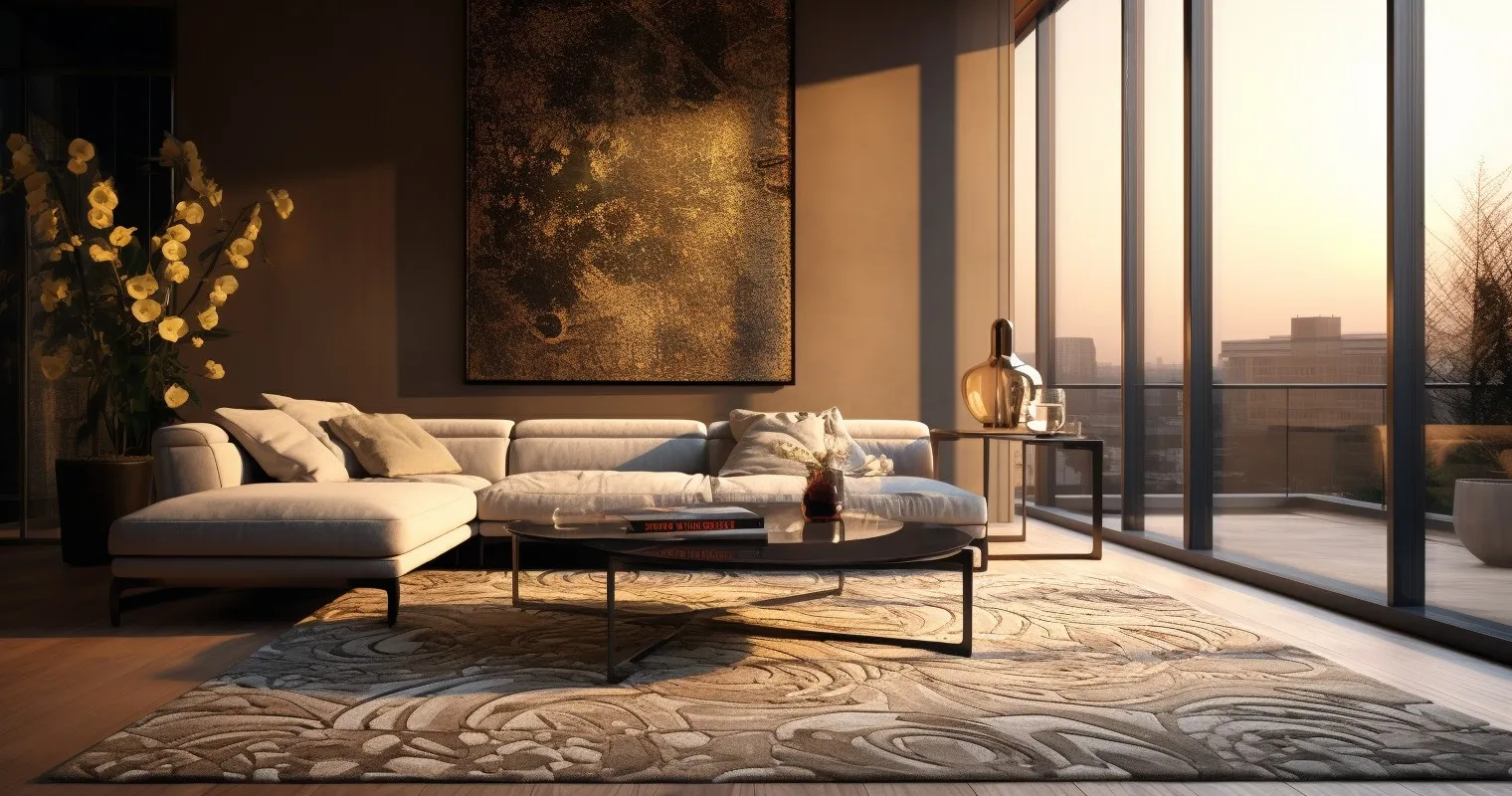 Intricately patterned rug with repetitive motifs, creating a captivating visual tempo