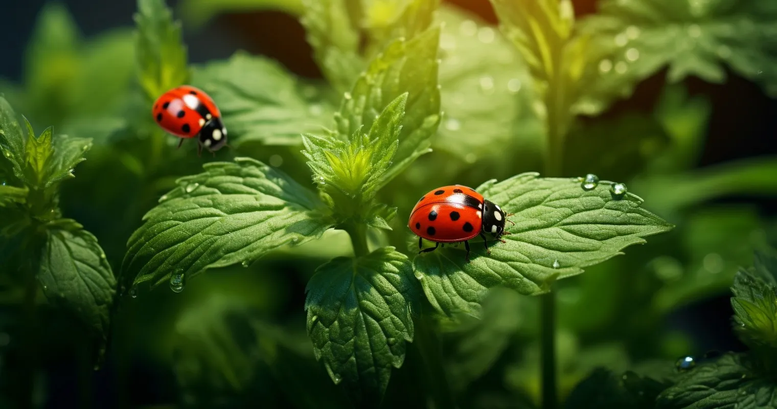 Ladybugs and lacewings among houseplant leaves