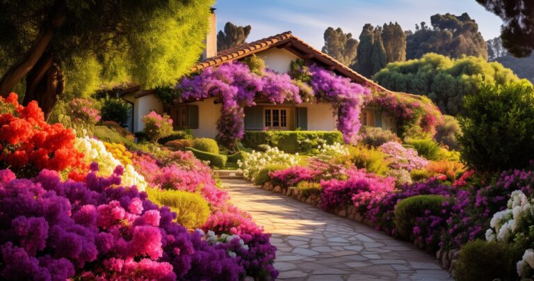 Lush Garden With Colorful Flowers And Shrubs