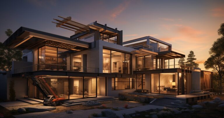 Luxurious modern home under construction at sunset