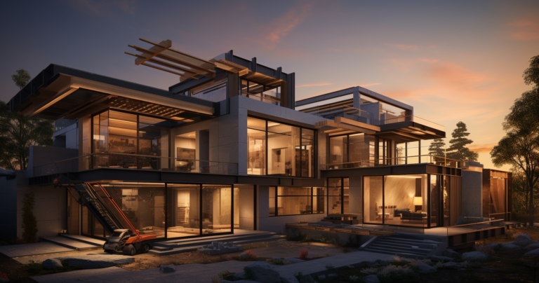Luxurious modern home under construction at sunset