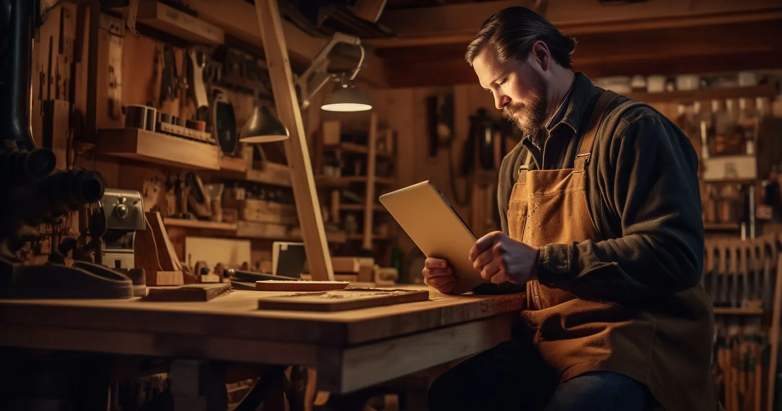 Man browsing Woodworking Tools On A Tablet In A Cozy Corner