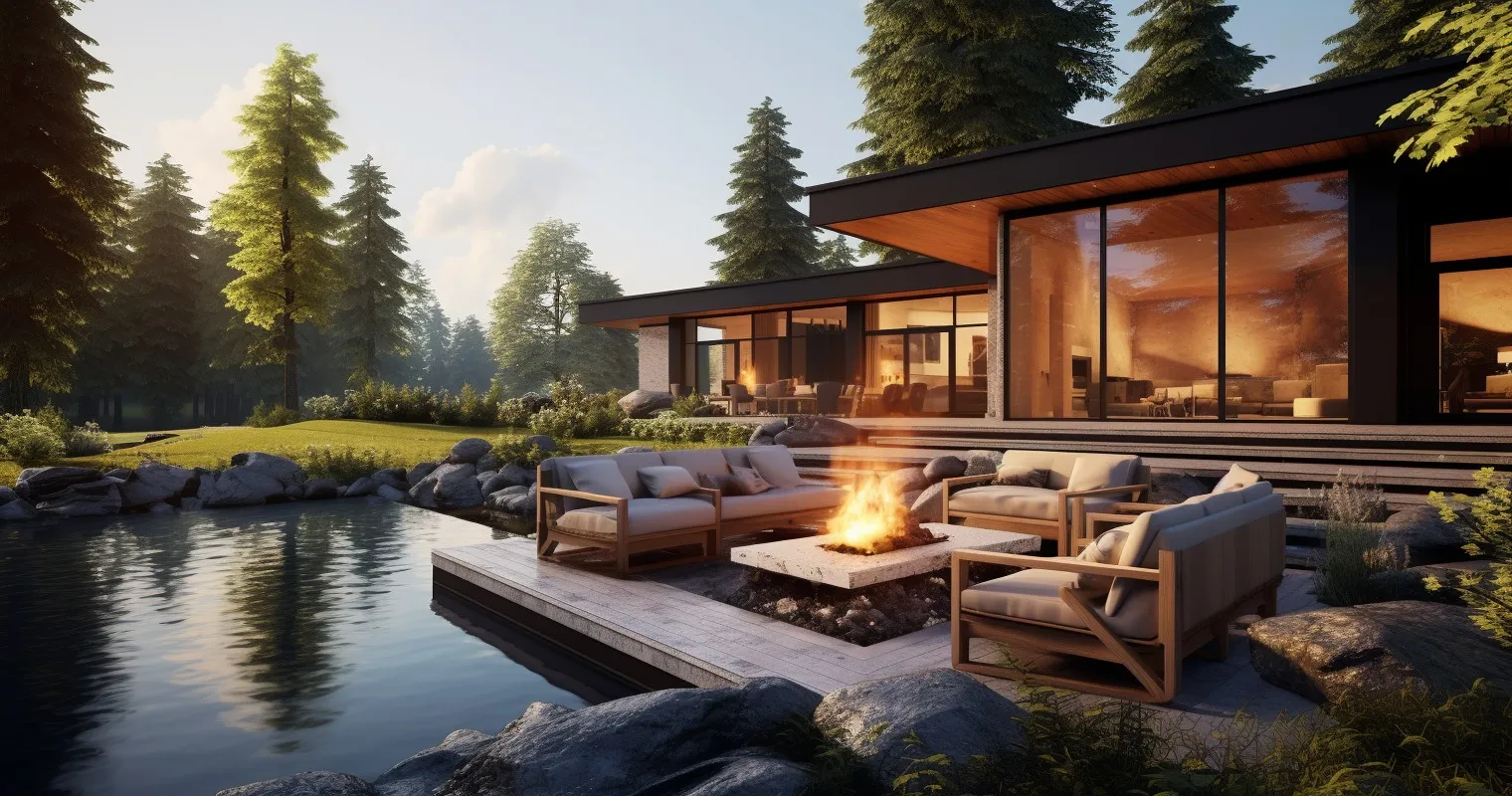 Modern Home Surrounded by Greenery, Overlooking Serene Lake with Outdoor Patio and Fire Pit