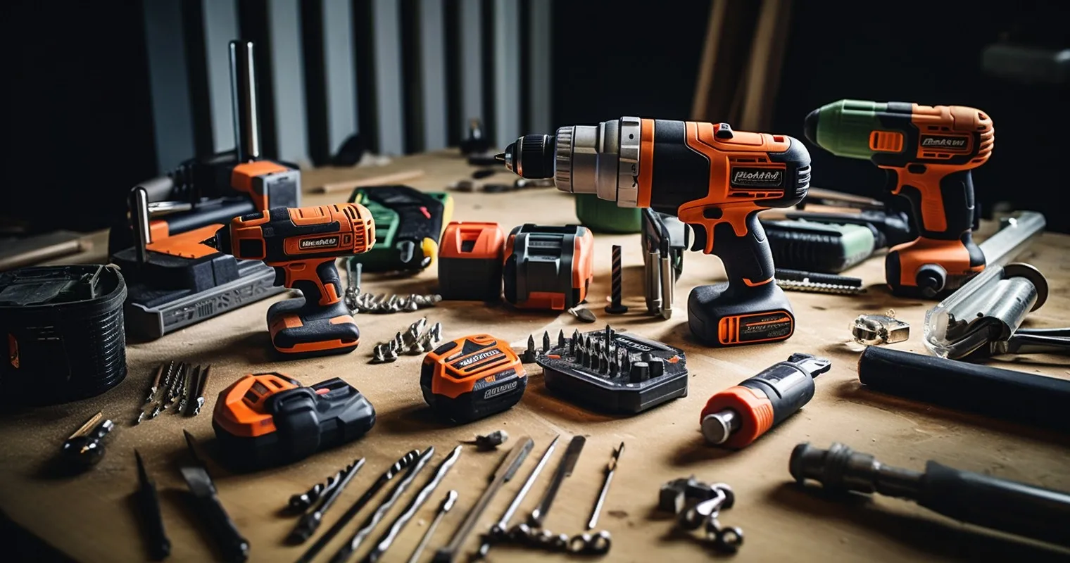 Neatly organized collection of power tools on workbench