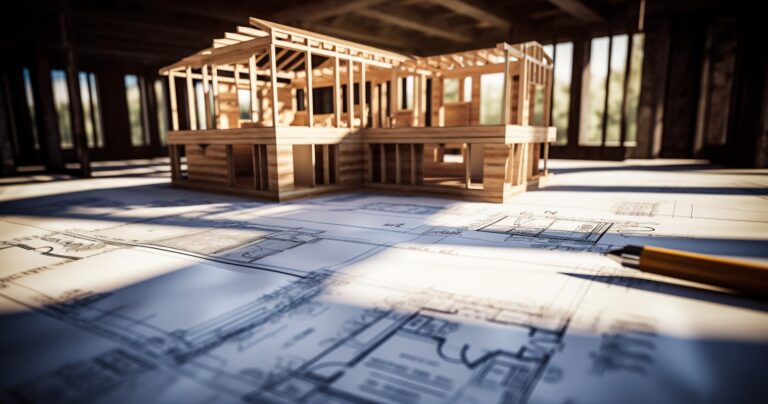 New Construction Home Blueprint on Wooden Table