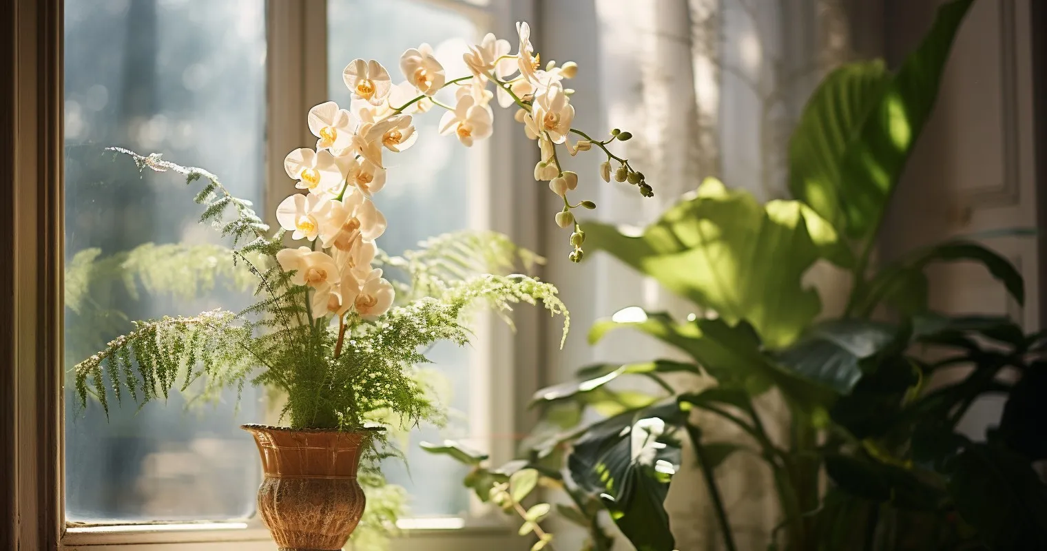 Orchid and Fern in Sunlit Corner