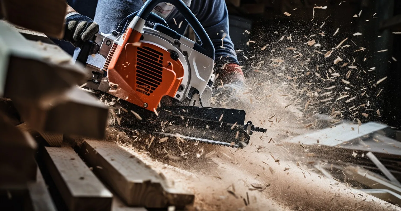 Power Saw Cutting Through Thick Timber