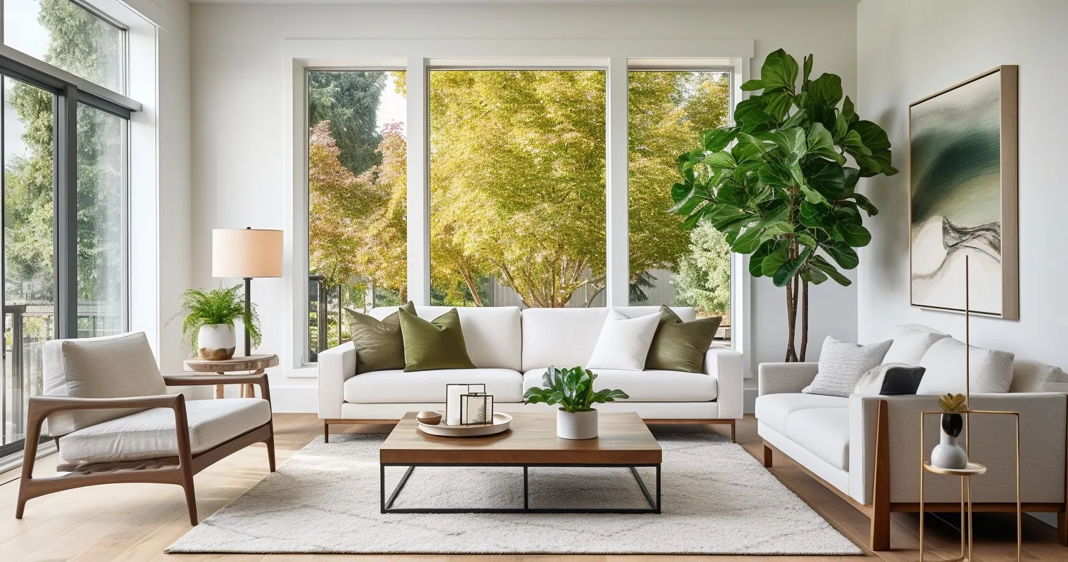 Pristine Modern Living Room with Houseplants