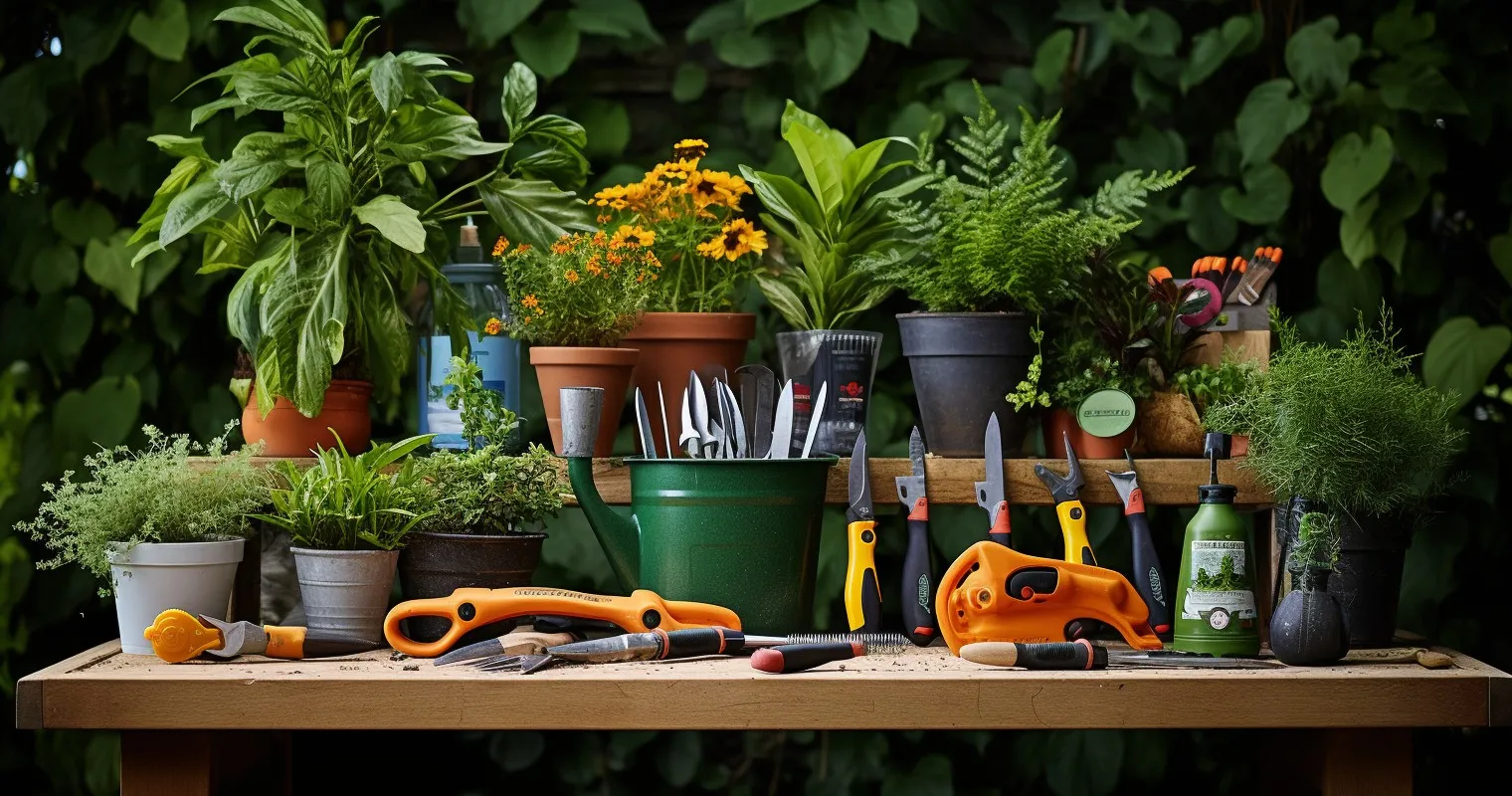 Pruning tools and equipment arranged neatly