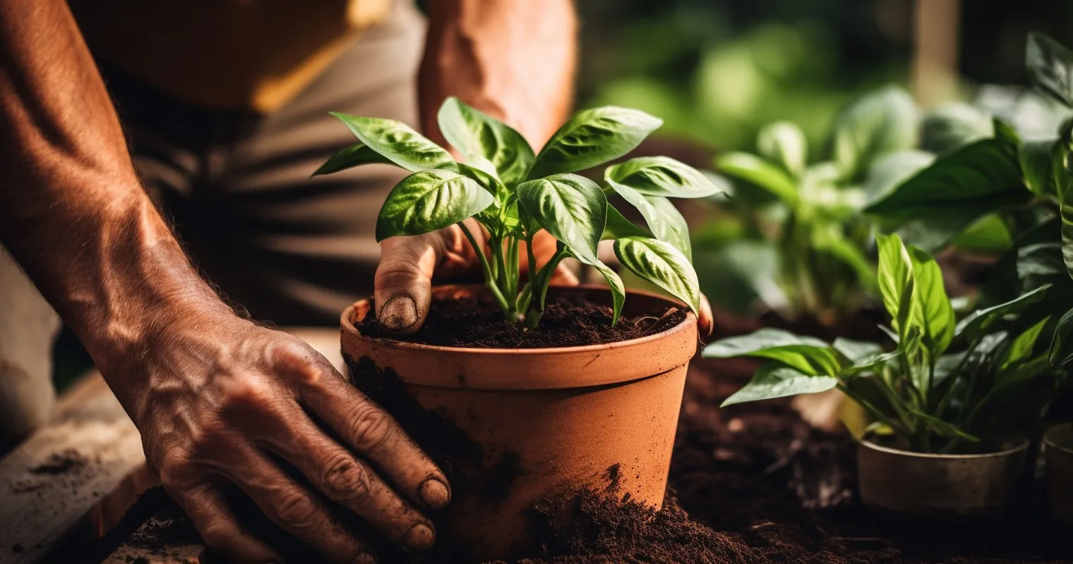 Repotting Houseplant With Fresh Soil