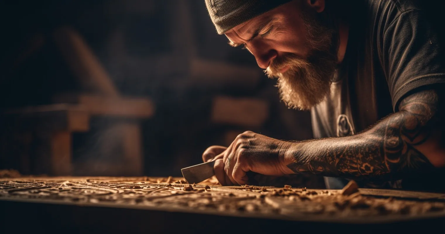 Skilled Craftsman Using Chisels to Carve Intricate Design