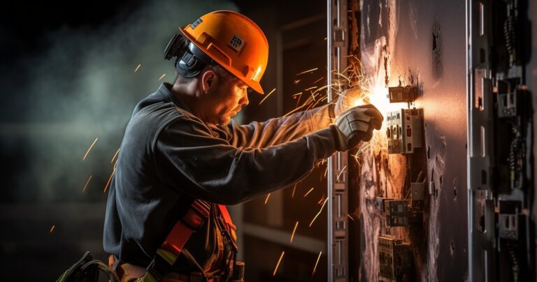 Skilled Electrician Inspecting Fire-Resistant Wall