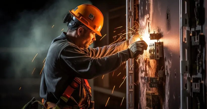 Skilled Electrician Inspecting Fire-Resistant Wall