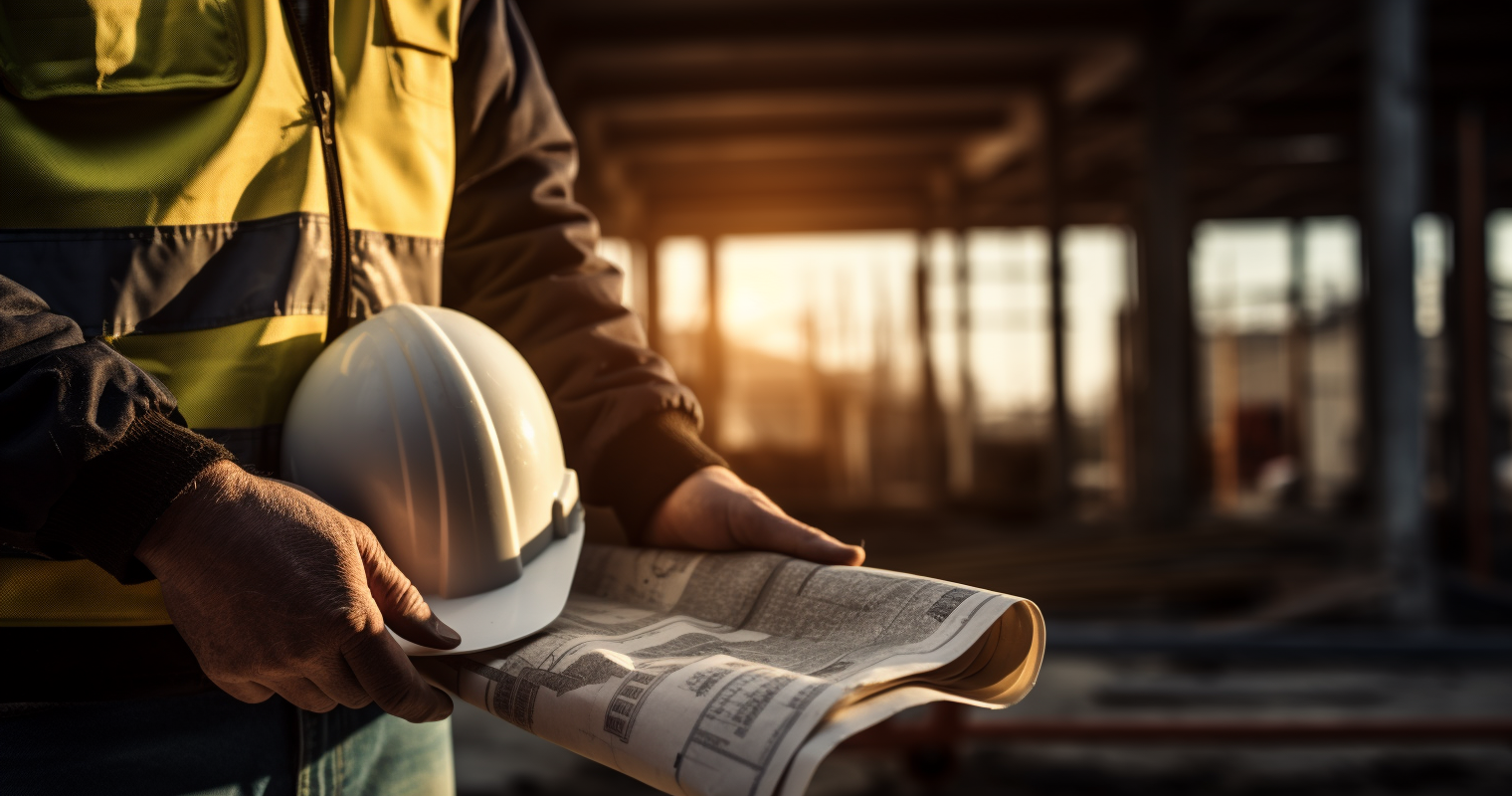 Skilled Hands of Builder Holding Blueprint on Construction Site