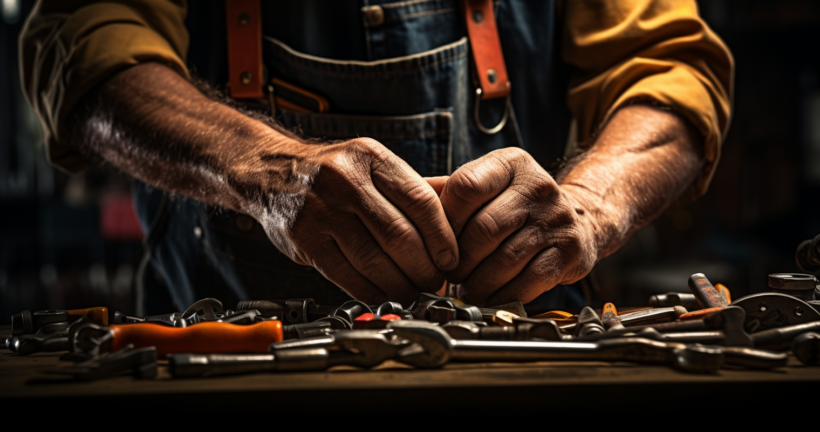 Skilled craftsman's hands holding various hand tools