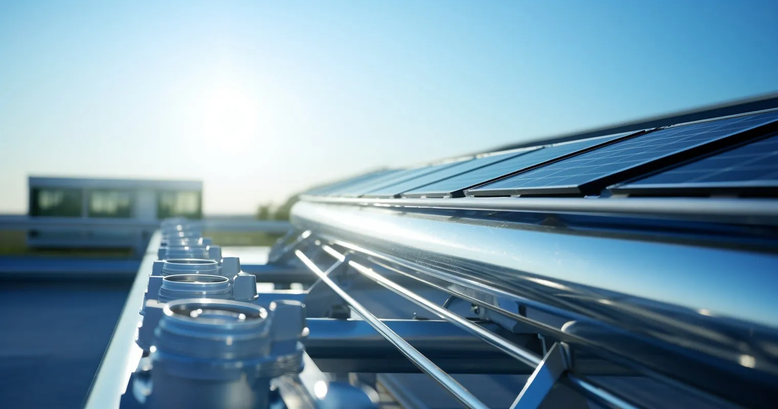 Solar water heater on a rooftop against a blue sky