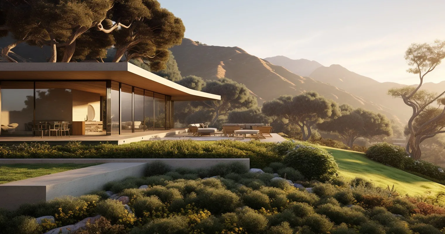 Sunlit Dream Home Exterior With Lush Garden