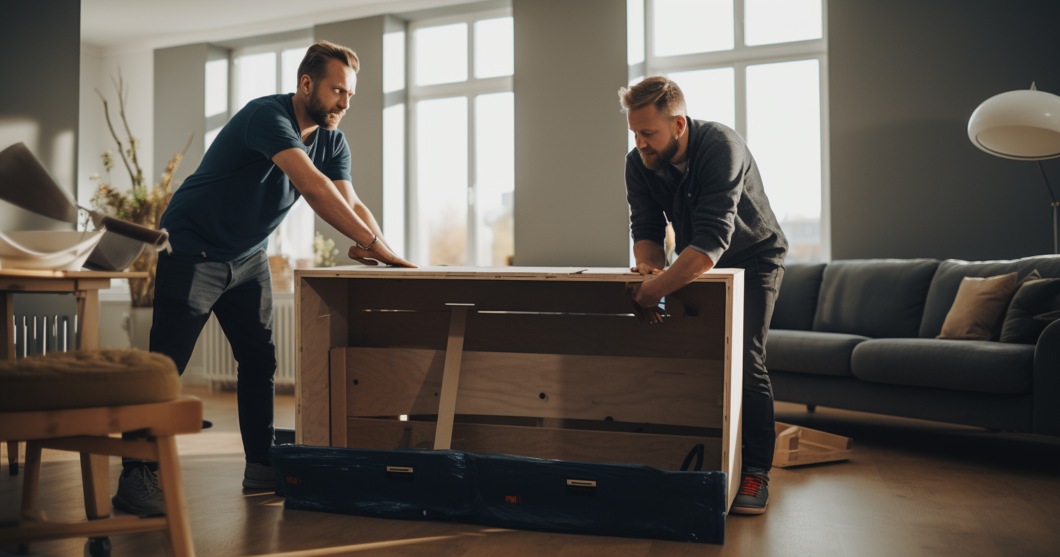 Two movers assembling a disassembled furniture piece
