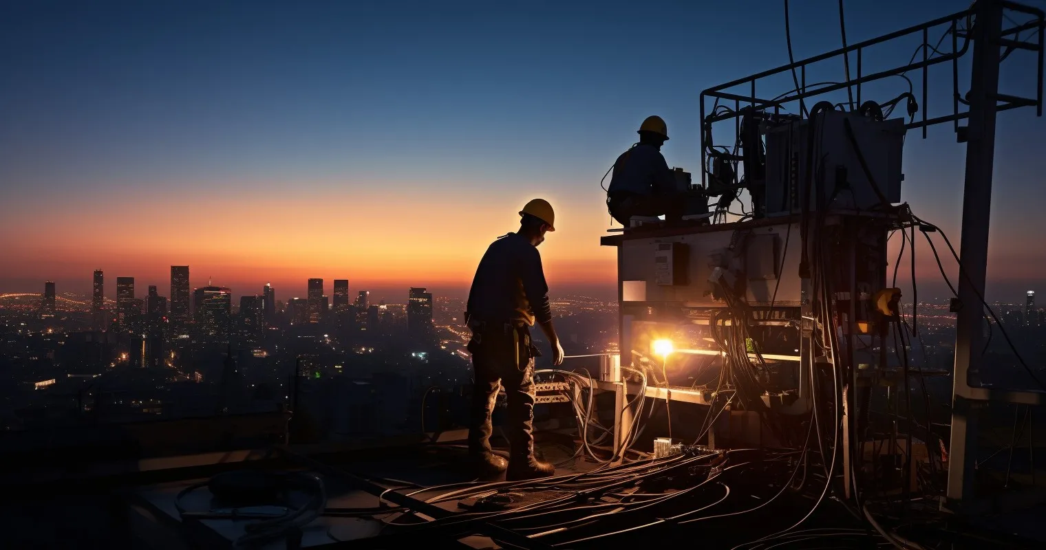 Urban Skyline with Electrical Workers Networking
