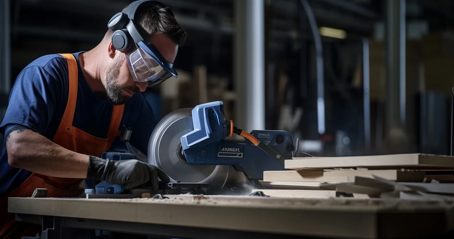 User Safely Using A Kobalt Miter Saw With Safety Gear
