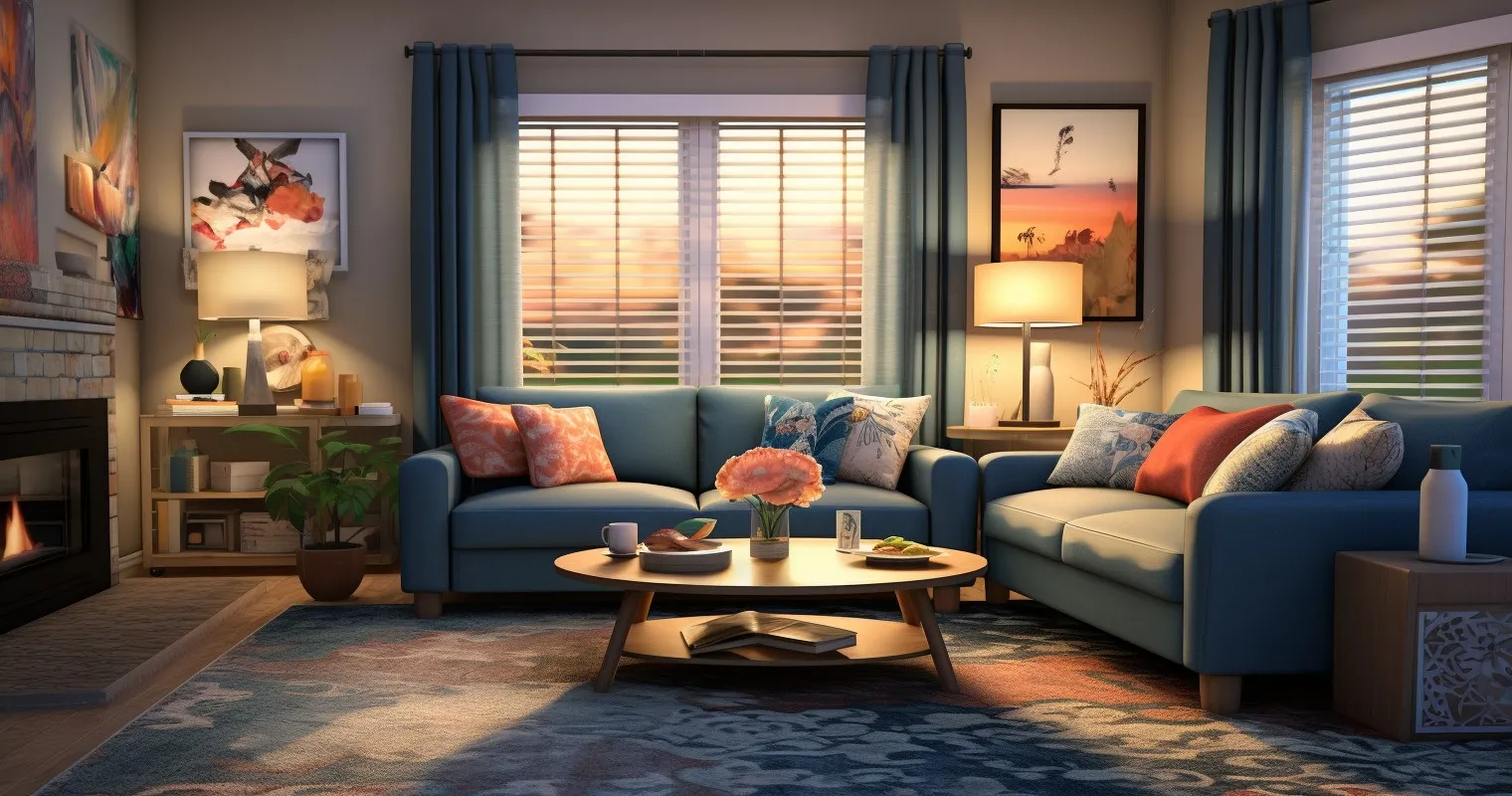 Vibrant living room with contrasting elements, featuring dark furniture against a light-colored rug