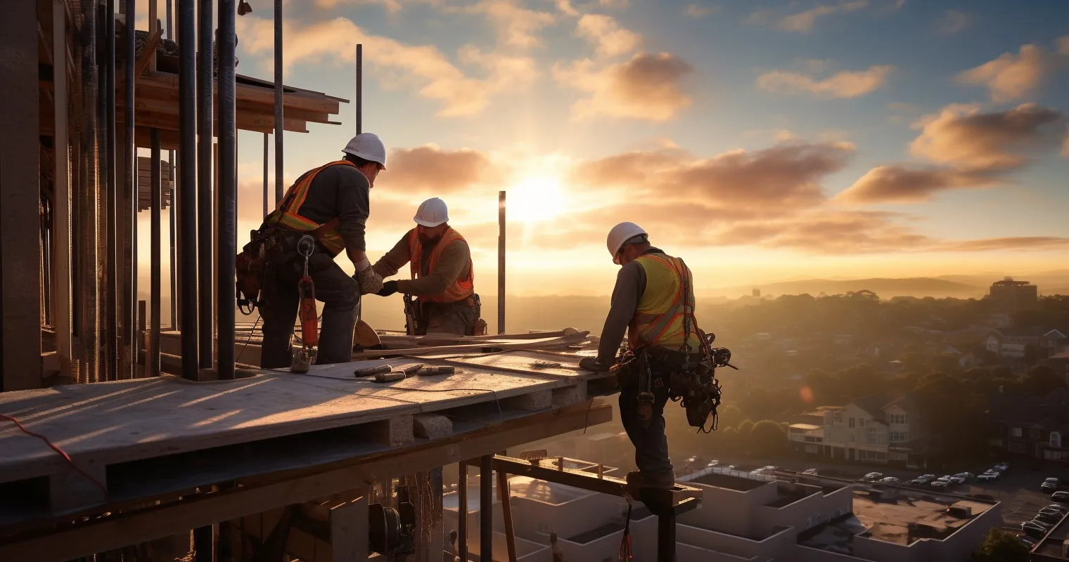 Weatherproofing construction workers securing insulation panels