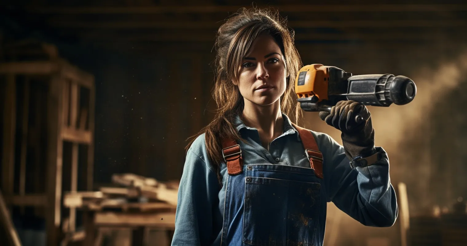 Woman Holding A Black And Decker Drill, Surrounded By DIY Materials