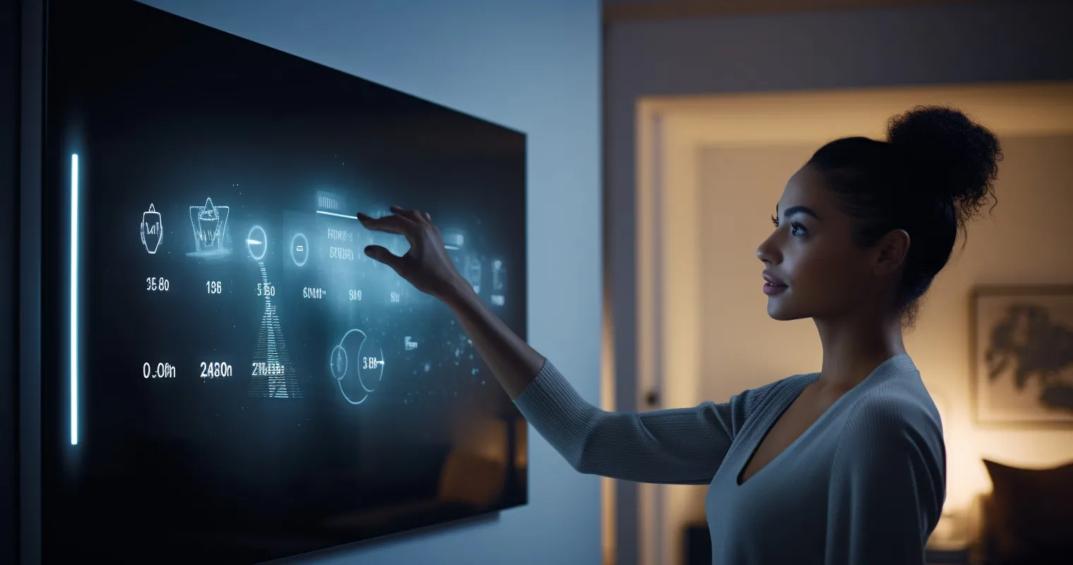 Woman adjusting a smart thermostat in a futuristic home