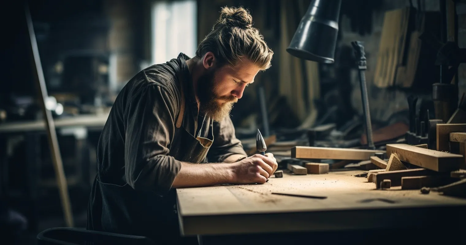 Woodworker Crafting Under Dim Workshop Lighting