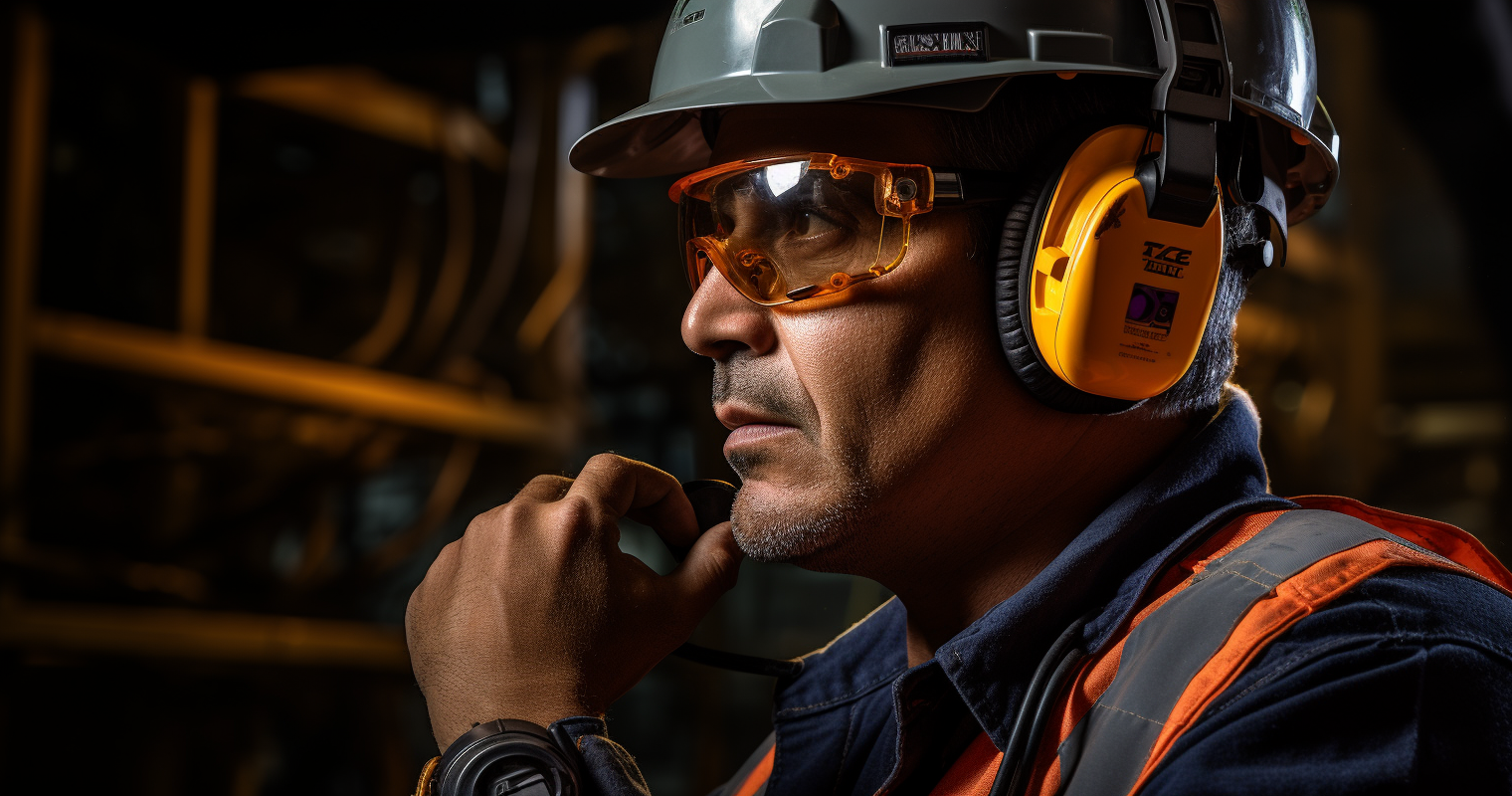Worker Wearing Safety Goggles and Ear Protection