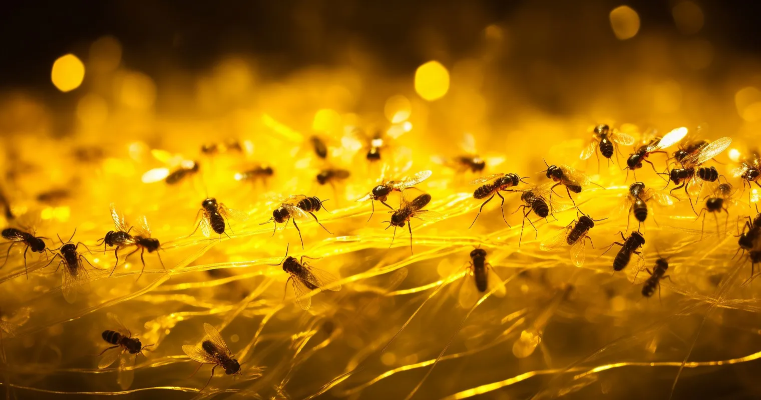 Yellow sticky trap covered in caught gnats