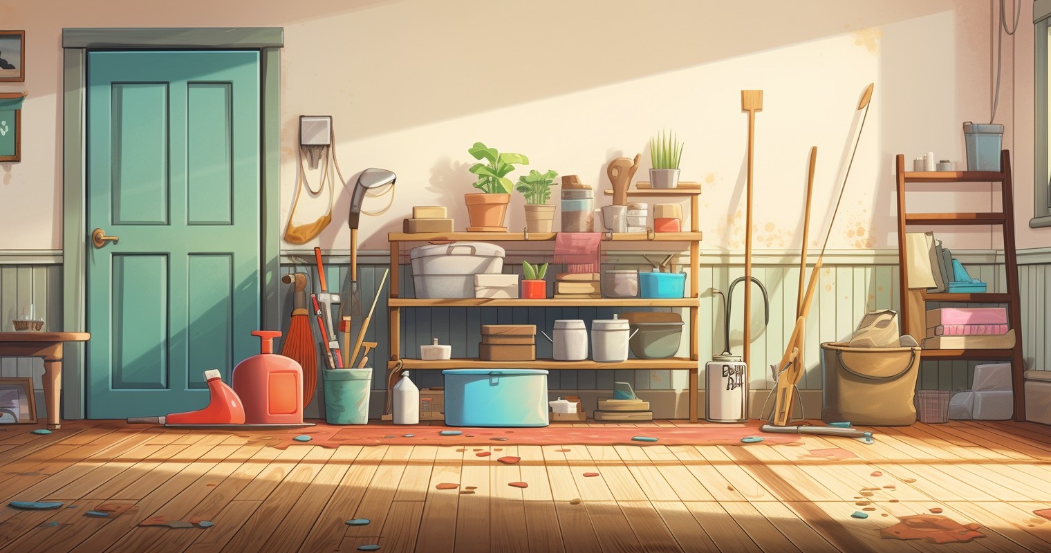artistic representation of the process of cleaning a house after renovation