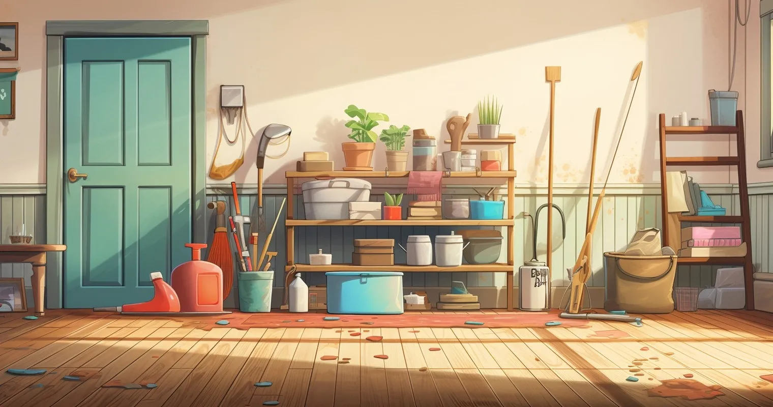 artistic representation of the process of cleaning a house after renovation