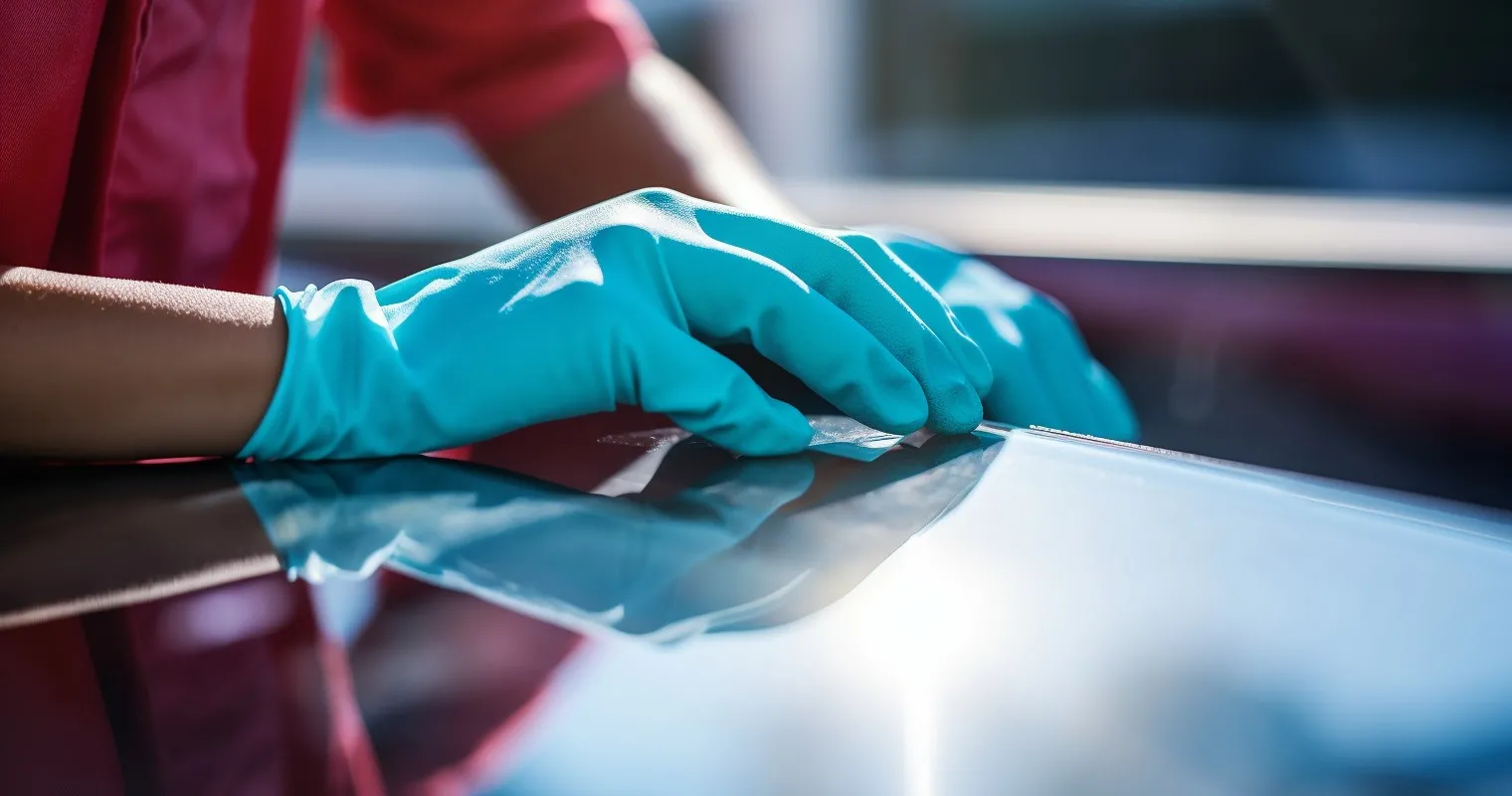 Cleaning specialist's hands expertly wiping a window