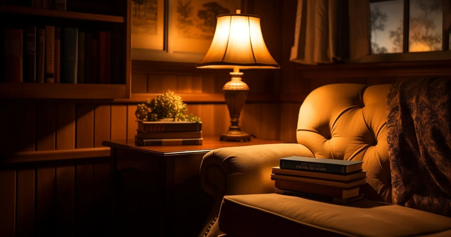 intimate shot of a vintage reading nook
