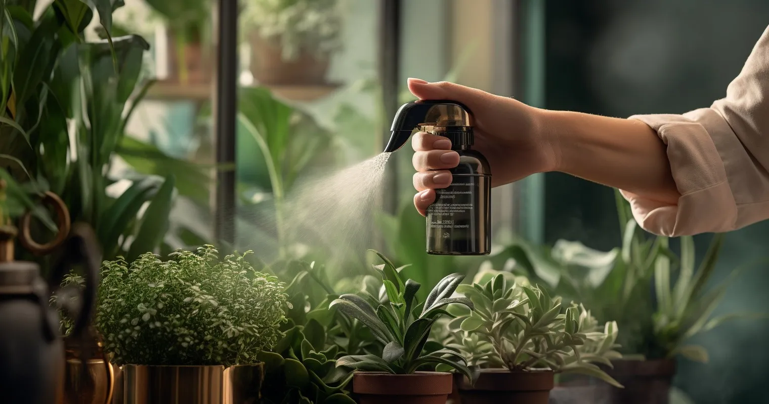 lush houseplant using a vintage-style brass misting bottle