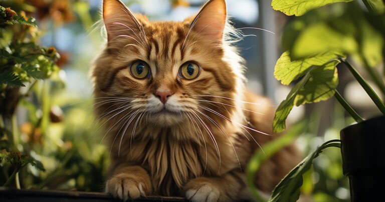 A Curious Cat Inspecting A Lush Houseplant