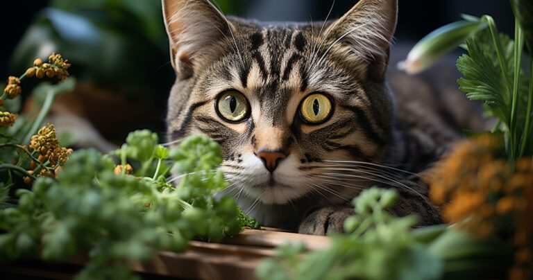 A Curious Cat Inspecting A Toxic Houseplant