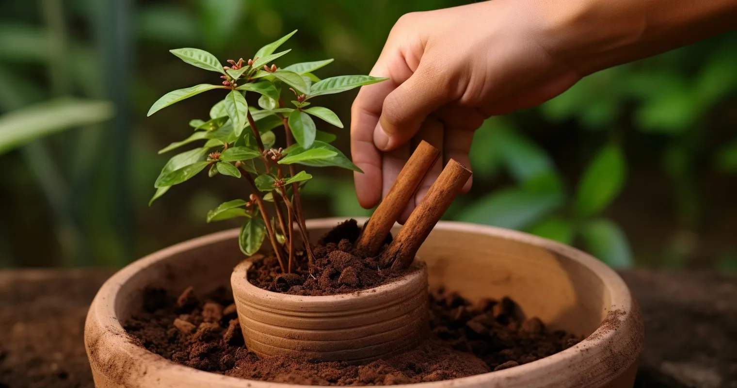 A Hand Holding A Cinnamon Stick Over A Potted Plant