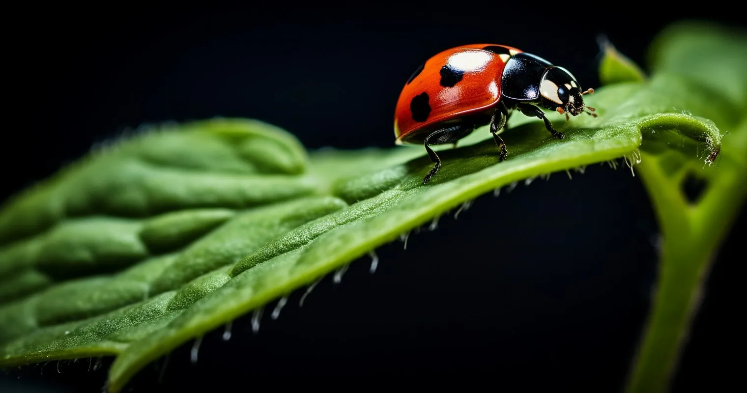An artistic shot of a ladybug perched on the edge of a houseplant leaf