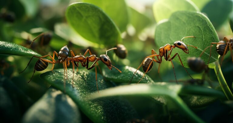 Ants crawling On A Lush Houseplant, Close-Up View