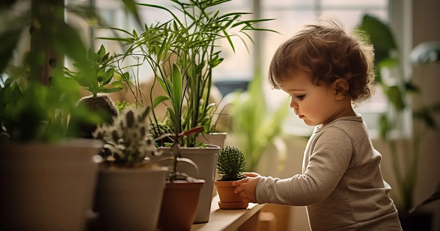 Baby exploring safe houseplant