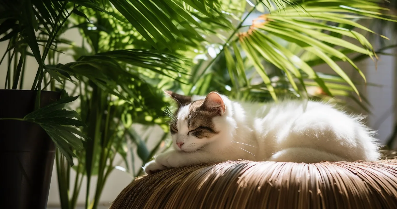 Cat By An Areca Palm, Creating A Tranquil Ambience