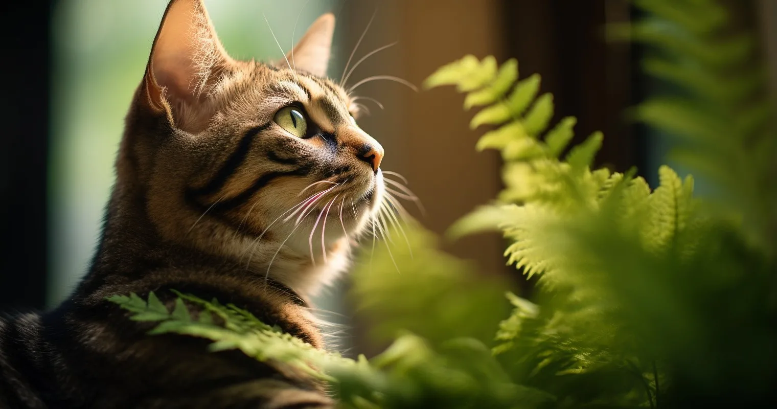 Cat Curiously Observing A Boston Fern