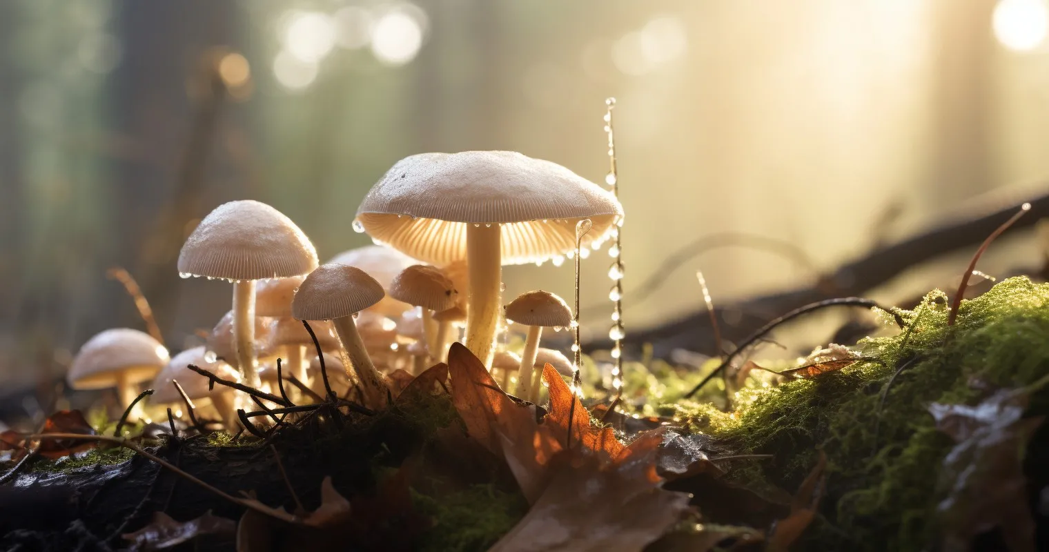 Close-Up Of Mushrooms With Morning Dew